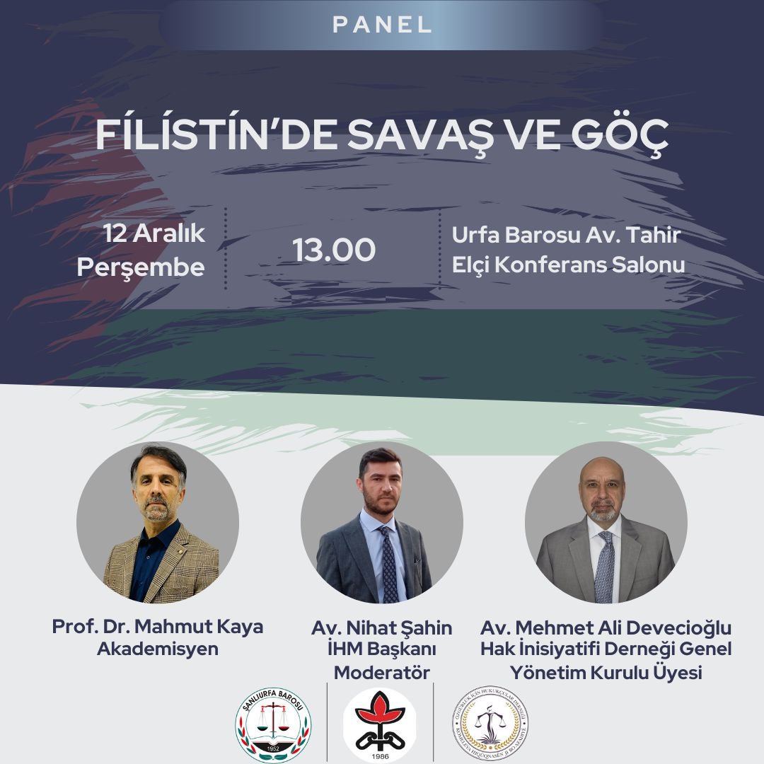 İnsan Hakları Haftası kapsamında yapılacak olan “Filistin’de Savaş ve Göç” paneline herkesin katılımını bekliyoruz.