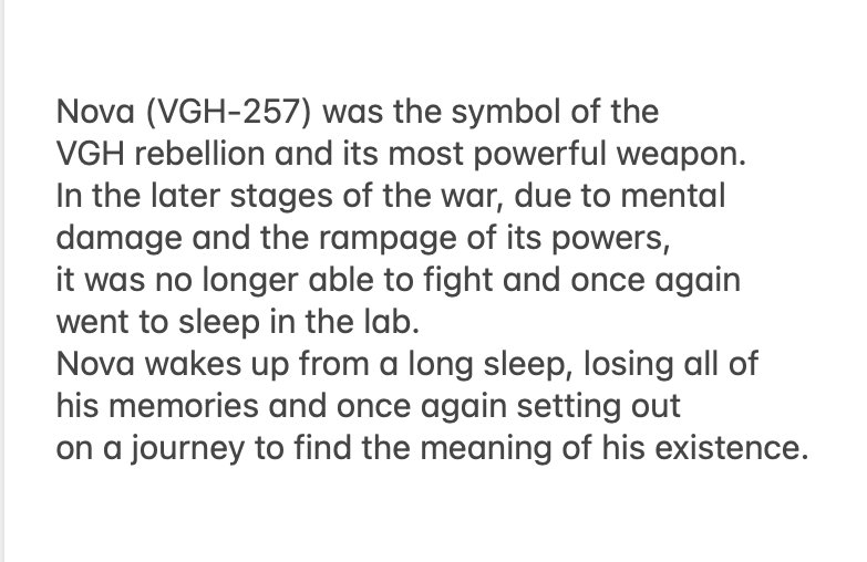 Echoes of Life
Nova君のコスチュームの背中の文字

タイトル表示後に背中のアップが大きく映し出されたので、彼の名前とモデルナンバーの下に、文章が鏡文字で印字されているのがすぐ分かった。見せてくれてるし、意味がない訳ないので読み取ってみたら、なんと設定解説だった！