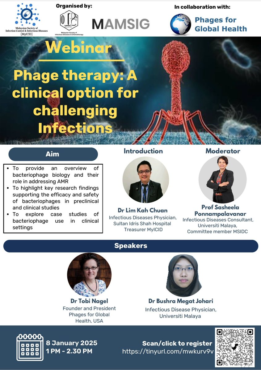 📢 Join us for an exciting webinar!
🦠 Phage therapy: A clinical option for challenging infections
🗓️ 8 January 2025 | 🕐 1 PM - 2:30 PM
🌟 Learn about bacteriophage biology, AMR solutions &amp; clinical cases.

📍Register now: tinyurl.com/mwkurv9v
