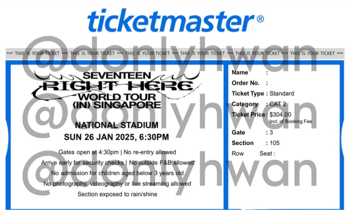 donlyhwan's tweet photo. WTS SEVENTEEN RIGHT HERE IN SINGAPORE TICKET DAY 2 (26/1/2025)

📍x1 CAT2, Section 105
🏷️ SGD304/RM1,028 per ticket

🖨️ PAH ticket
✅ installments

feel free to dm ◡̈

#SVT_RIGHT_HERE_IN_SINGAPORE
#SEVENTEEN_RIGHT_HERE_IN_SINGAPORE #SVTINSG #PASARSVT #PASARSEVENTEEN https://t.co/2zhD7F7MiZ