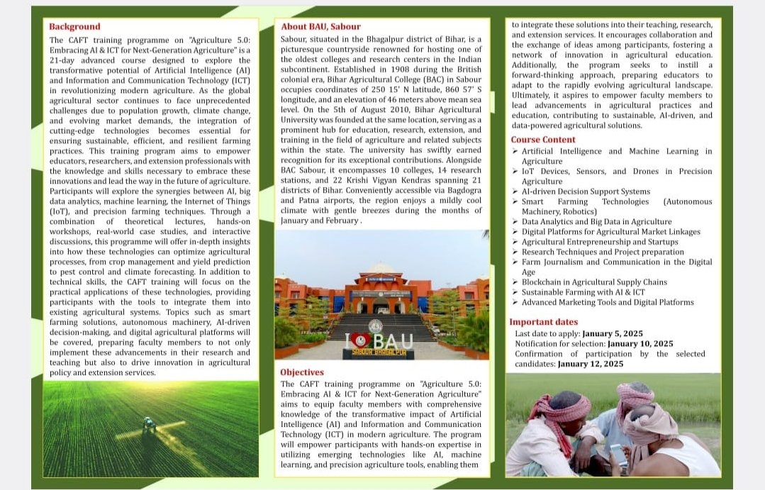 Bau_sabour's tweet photo. 📢Announcement of the #CAFT Training Program on Agriculture 5.0: Embracing #AI & #ICT for #Next_Generation Agriculture. #bausabour #innovativeFarmer #ICAR #agriculturaleducation #कृषि #bestAgriculturalUniversity #बिहार_कृषि_विश्वविद्यालय #bihar #विश्वविद्यालय #Agricultural https://t.co/aOzEosKBH8
