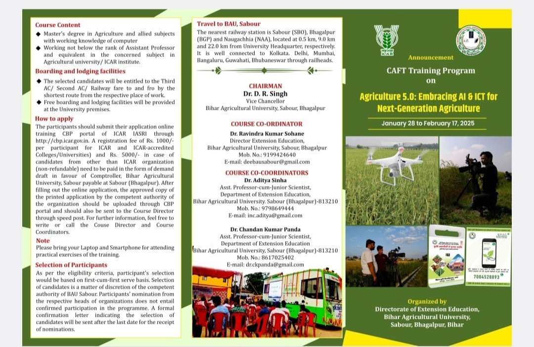 Bau_sabour's tweet photo. 📢Announcement of the #CAFT Training Program on Agriculture 5.0: Embracing #AI & #ICT for #Next_Generation Agriculture. #bausabour #innovativeFarmer #ICAR #agriculturaleducation #कृषि #bestAgriculturalUniversity #बिहार_कृषि_विश्वविद्यालय #bihar #विश्वविद्यालय #Agricultural https://t.co/aOzEosKBH8