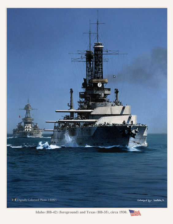 r116440's tweet photo. 🇺🇸 @USNavy New Mexico-class #battleship USS Idaho (BB-42) (front) and New York-class USS Texas (BB-35) at the rear of the battle line, during Battle Fleet practice off the California coast, circa 1930. #warship #navy #naval #BB42 #BB35 #colourised credit embedded https://t.co/MEVRgsiRv1