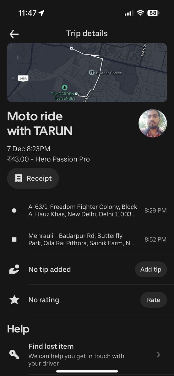 adisharma94's tweet photo. Booked uber bike for a delivery on 7 Dec. The courier was not delivered. The driver cancelled midway. Blocked my no. after several calls. Today he responds to different no. saying he lost the parcel. No customer support/service. @Uber_India @Uber @Uber_Support https://t.co/CTSqCZ1Oxt