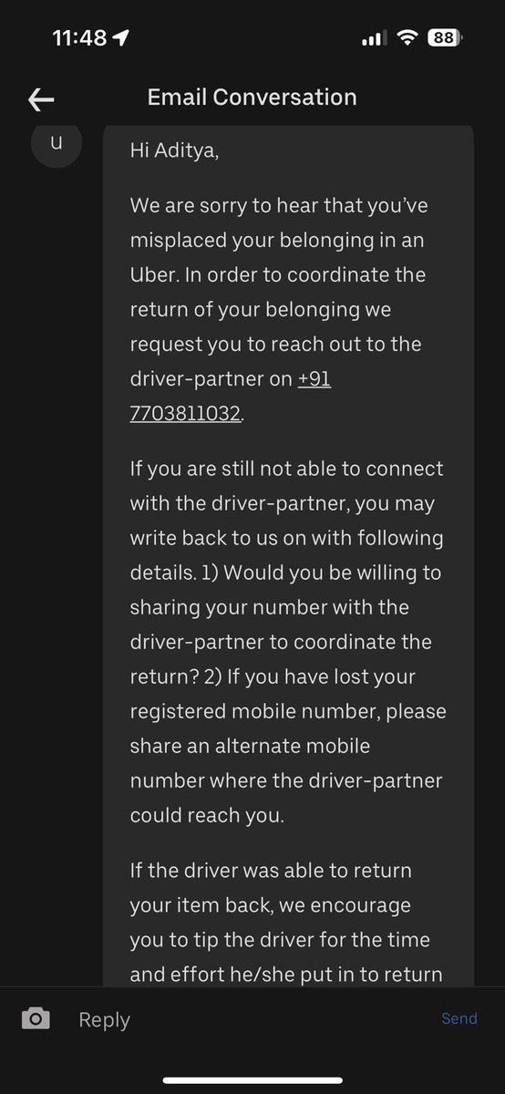 adisharma94's tweet photo. Booked uber bike for a delivery on 7 Dec. The courier was not delivered. The driver cancelled midway. Blocked my no. after several calls. Today he responds to different no. saying he lost the parcel. No customer support/service. @Uber_India @Uber @Uber_Support https://t.co/CTSqCZ1Oxt