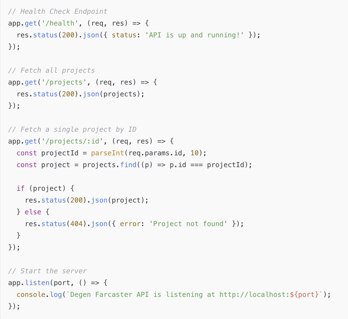 🔧 Working behind the scenes! Here's a sneak peek of our Degen Farcaster API groundwork. Built with Node.js &amp; Express.js 🚀

🌐 Health checks ✅
📊 Project data endpoints 🔍
Stay tuned—big things are coming! 🧠✨