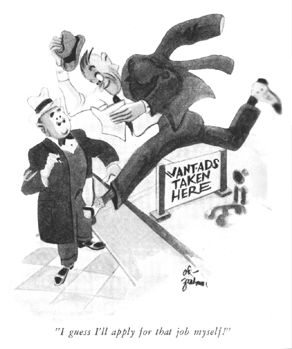 LRonLacy's tweet photo. In #DECEMBER 1931
(Depression humor)
'I guess I'll apply for that job myself!'
Cartoon by Ed Graham for *Life*, December 1932
#GreatDepression #cartoonists #EdGraham #unemployment https://t.co/hB5AVdd87z