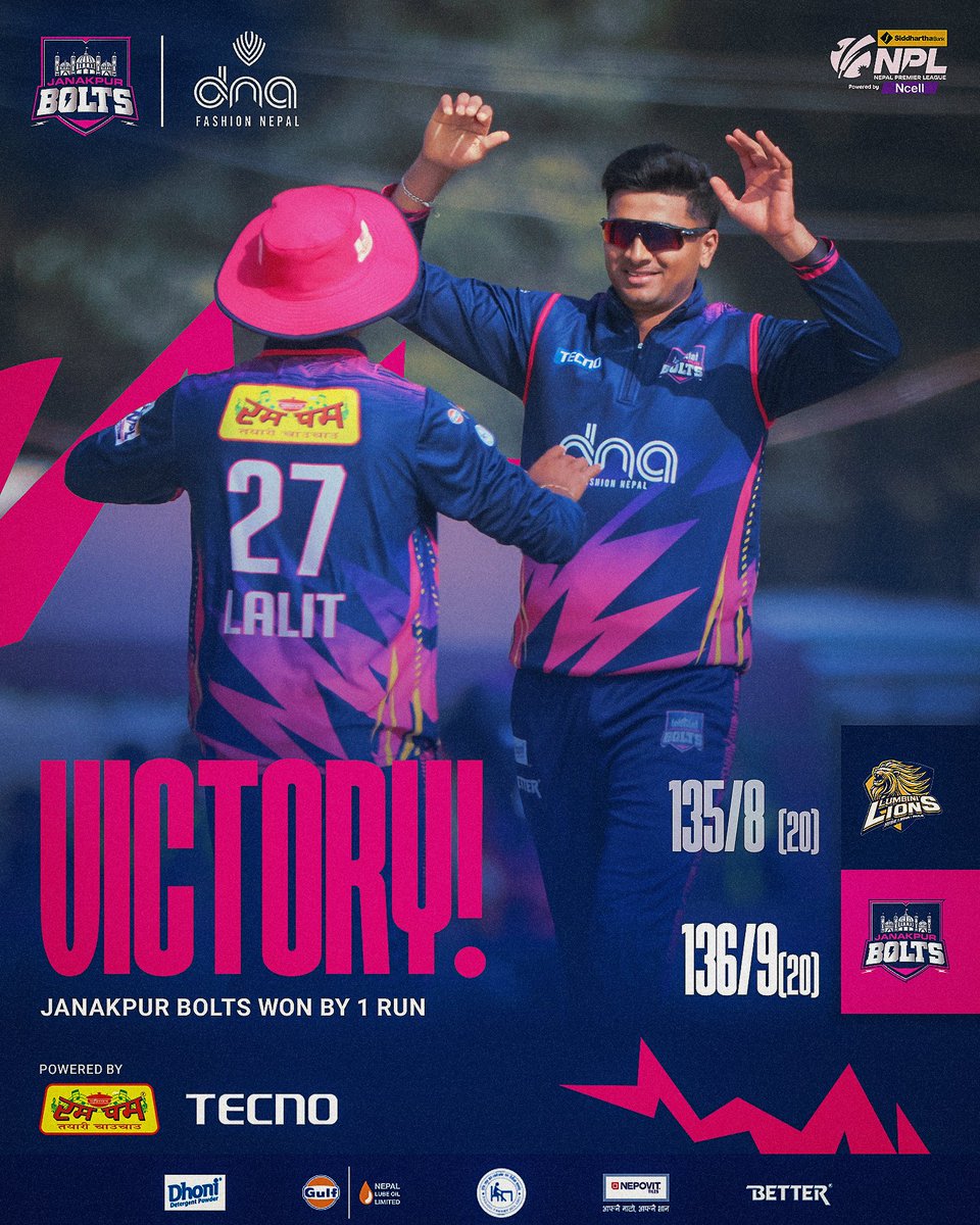 boltsjanakpur's tweet photo. What a victory!!!!!! Simply unbelievable. The Bolts top the table with an ecstatic victory. ⚡️

#janakpurbolts #JittaiJanakpur #janakpurrising #NepalCricket #KiChheJanakpur https://t.co/1R53p58P7u