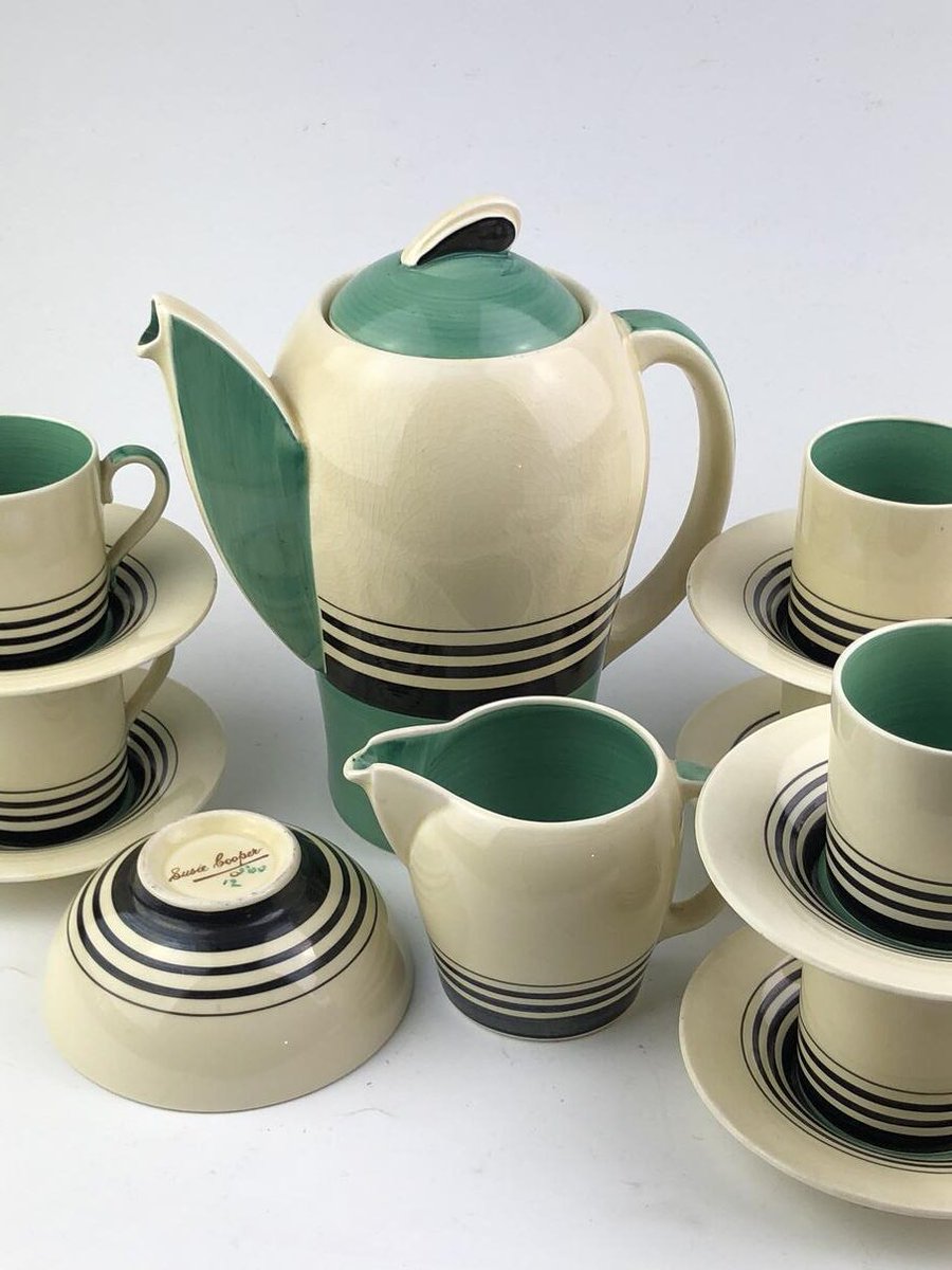 womensart1's tweet image. Susie Cooper, prolific English ceramic designer. &apos;Green tango&apos; coffee set c.1930 #womensart