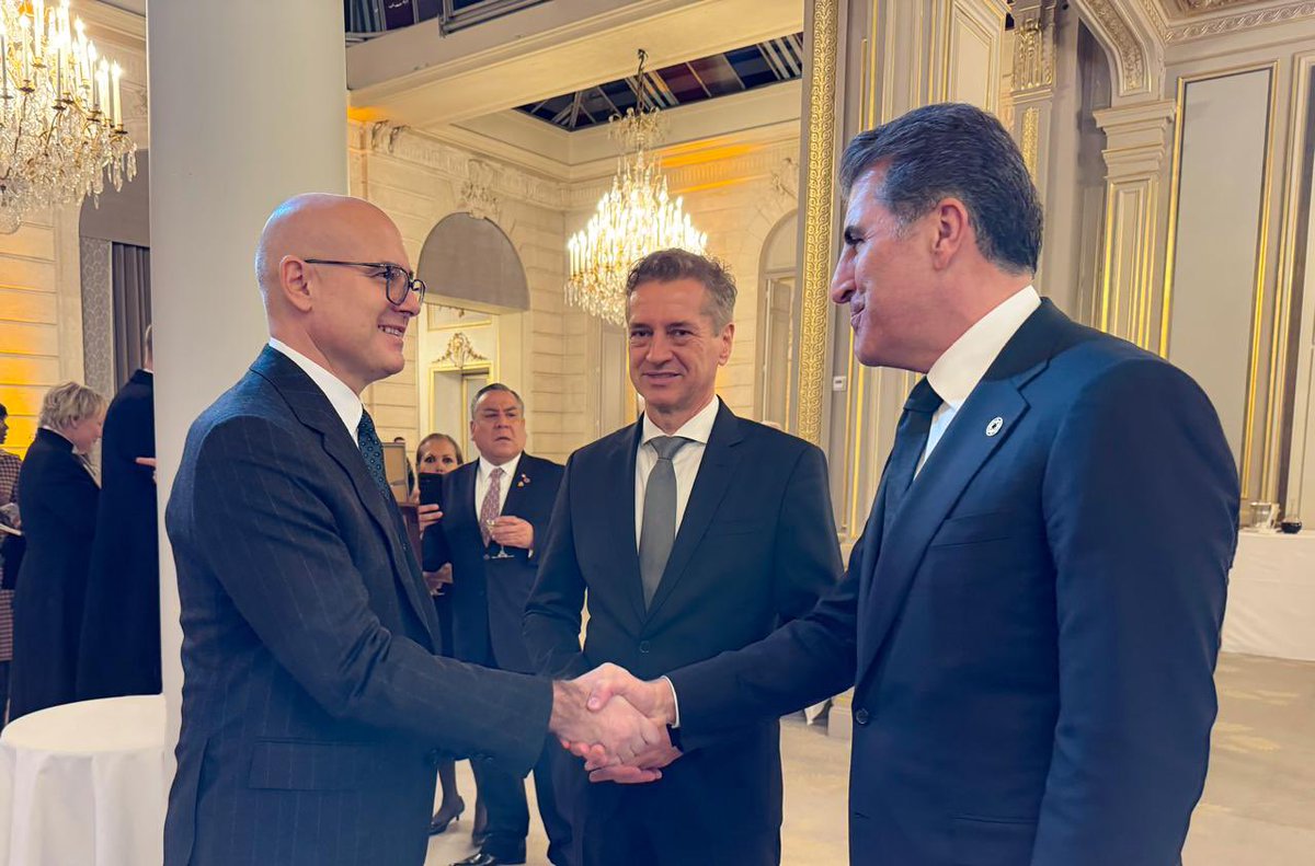 MediaKRP's tweet photo. President Nechirvan Barzani engaged with world leaders, including Italian President Sergio Mattarella, Dutch Prime Minister Dick Schoof, Austrian Chancellor Karl Nehammer, and Serbian Prime Minister Miloš Vučević, at the reopening of Notre-Dame Cathedral in Paris. https://t.co/34daxr0kWO