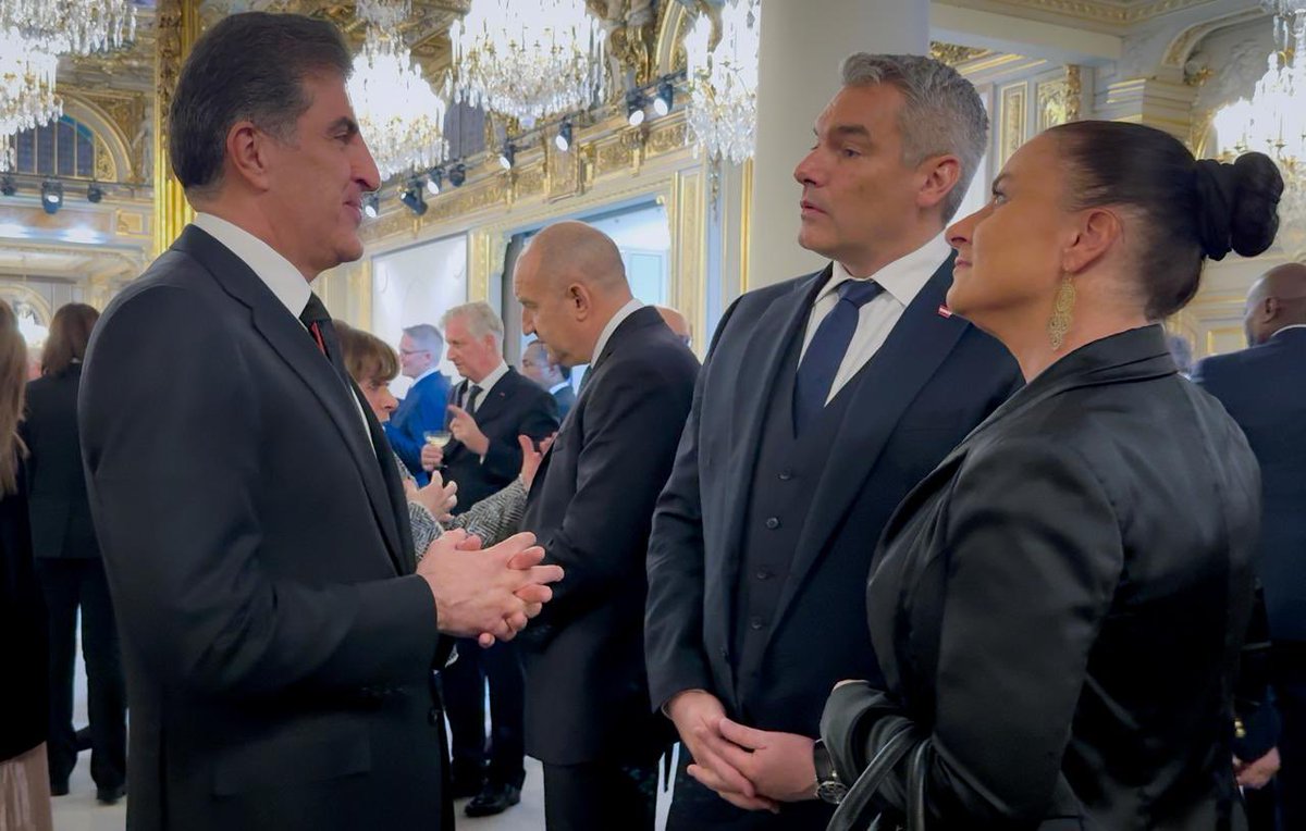 MediaKRP's tweet photo. President Nechirvan Barzani engaged with world leaders, including Italian President Sergio Mattarella, Dutch Prime Minister Dick Schoof, Austrian Chancellor Karl Nehammer, and Serbian Prime Minister Miloš Vučević, at the reopening of Notre-Dame Cathedral in Paris. https://t.co/34daxr0kWO