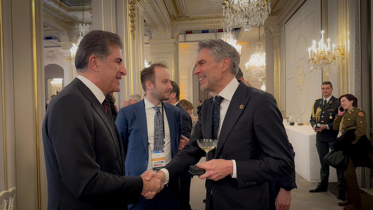 MediaKRP's tweet photo. President Nechirvan Barzani engaged with world leaders, including Italian President Sergio Mattarella, Dutch Prime Minister Dick Schoof, Austrian Chancellor Karl Nehammer, and Serbian Prime Minister Miloš Vučević, at the reopening of Notre-Dame Cathedral in Paris. https://t.co/34daxr0kWO