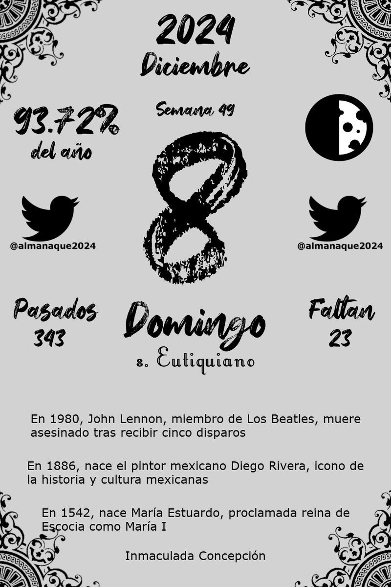 almanaque2024's tweet photo. Almanaque del Domingo 08 de Diciembre, 2024
#FelizDomingo #BuenosDias #Almanaque #Calendario #Diario #Diciembre #08deDiciembre #Domingo #Domingo08 https://t.co/Gt1yrQ3O7s