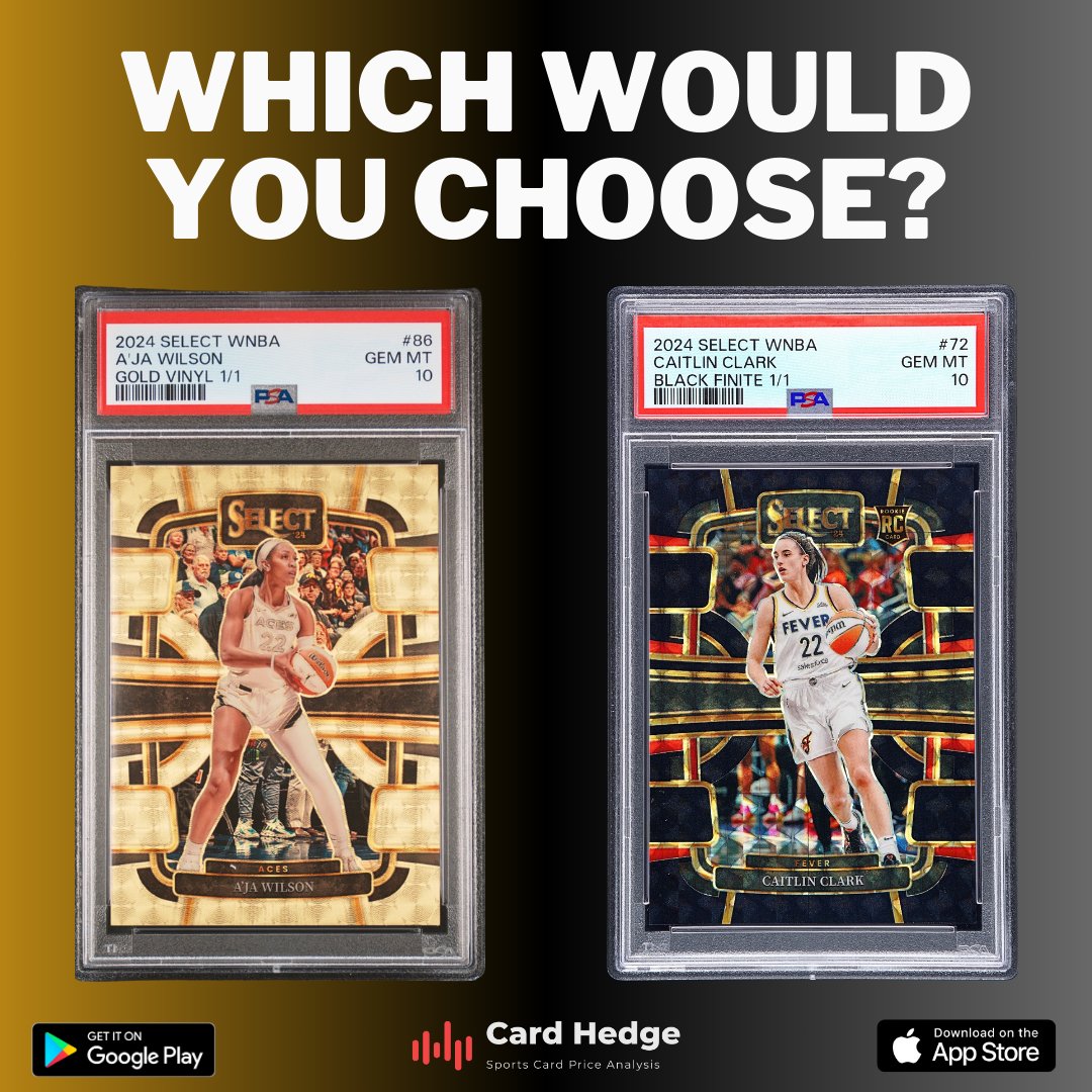 cardhedger's tweet image. #CardHedger #CompareCards &amp;gt;&amp;gt; Last season&apos;s WNBA MVP and ROTY gems -- WHICH WOULD YOU CHOOSE?

A&apos;ja Wilson 2024 Select Gold Vinyl or Caitlin Clark 2024 Select Black Finite?

CardHedger.com