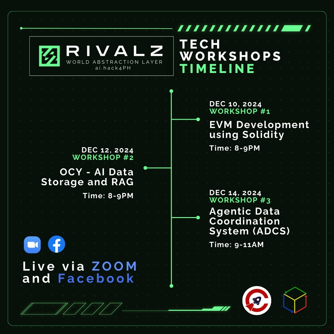 🚀 Missed the first set of workshops? No worries! Here's your chance to catch up and dive deeper into the tech world with Rivalz: World Abstraction Layer's second set of workshops! 🌐
Hackathon Registration: tinyurl.com/rivalzworld

📅 Workshop Timeline:
💻Dec 10, 2024: EVM
