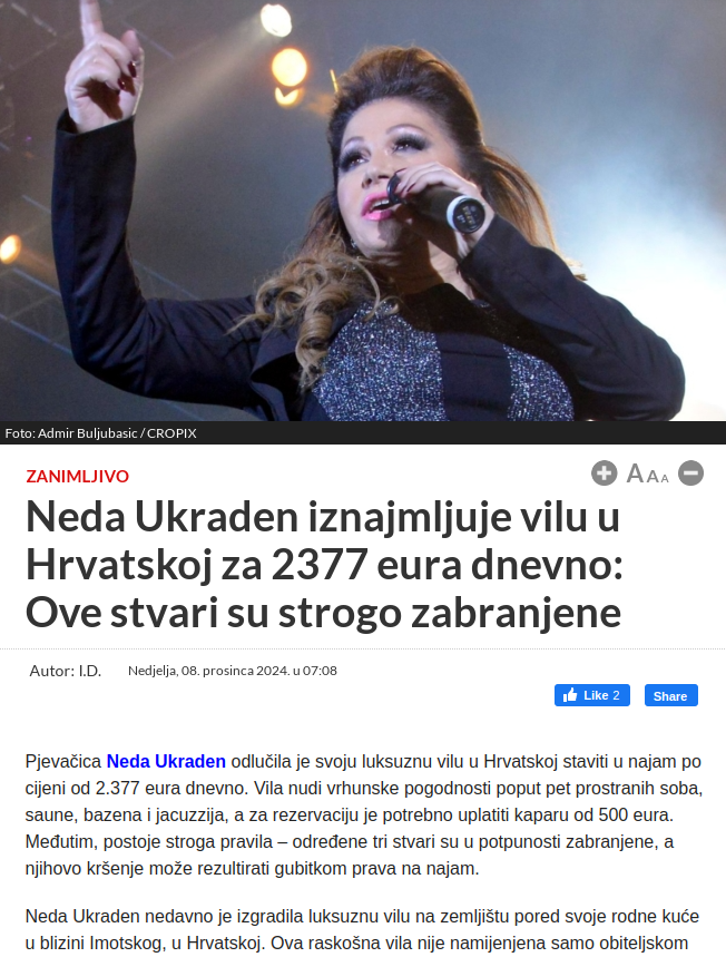 Neda Ukraden sagradila i iznajmljuje vilu u Hrvatskoj i to u Glavini Donjoj, predgrađu Imotskog. Pratite li hrvatske medije pitat ćete se kako je to moguće u tom kraju gdje u kojem Ustaše zakrvavljenih očiju i s nožem u zubima traže preostale Srbe.