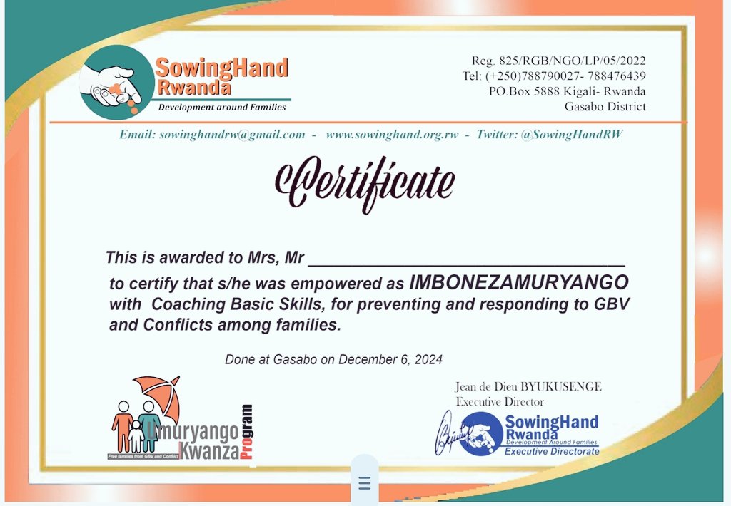 SowingHandRW's tweet photo. The Basic Coaching Skills provided to 90 #Imbonezamuryango agents during the #16DaysOfActivismAgainstGBV included the awareness on GBV, the family protection concept and the Gender Transformative Norms.
@Gasabo_District @GenderMonitorRw @GermanyinRwanda @Imbuto @MenEngageRwanda https://t.co/Qxi50Cfb91