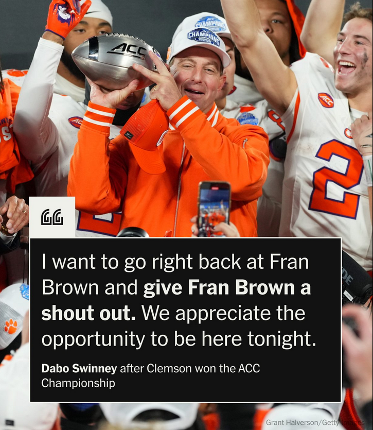 Last week, Fran Brown's Syracuse upset Miami, sending Clemson to the ACC Championship game.
Post-game, Brown said, "Hey, Dabo Swinney, congrats, I got you in, baby."
Swinney returned the shout out after Clemson won its eighth title in ten years.