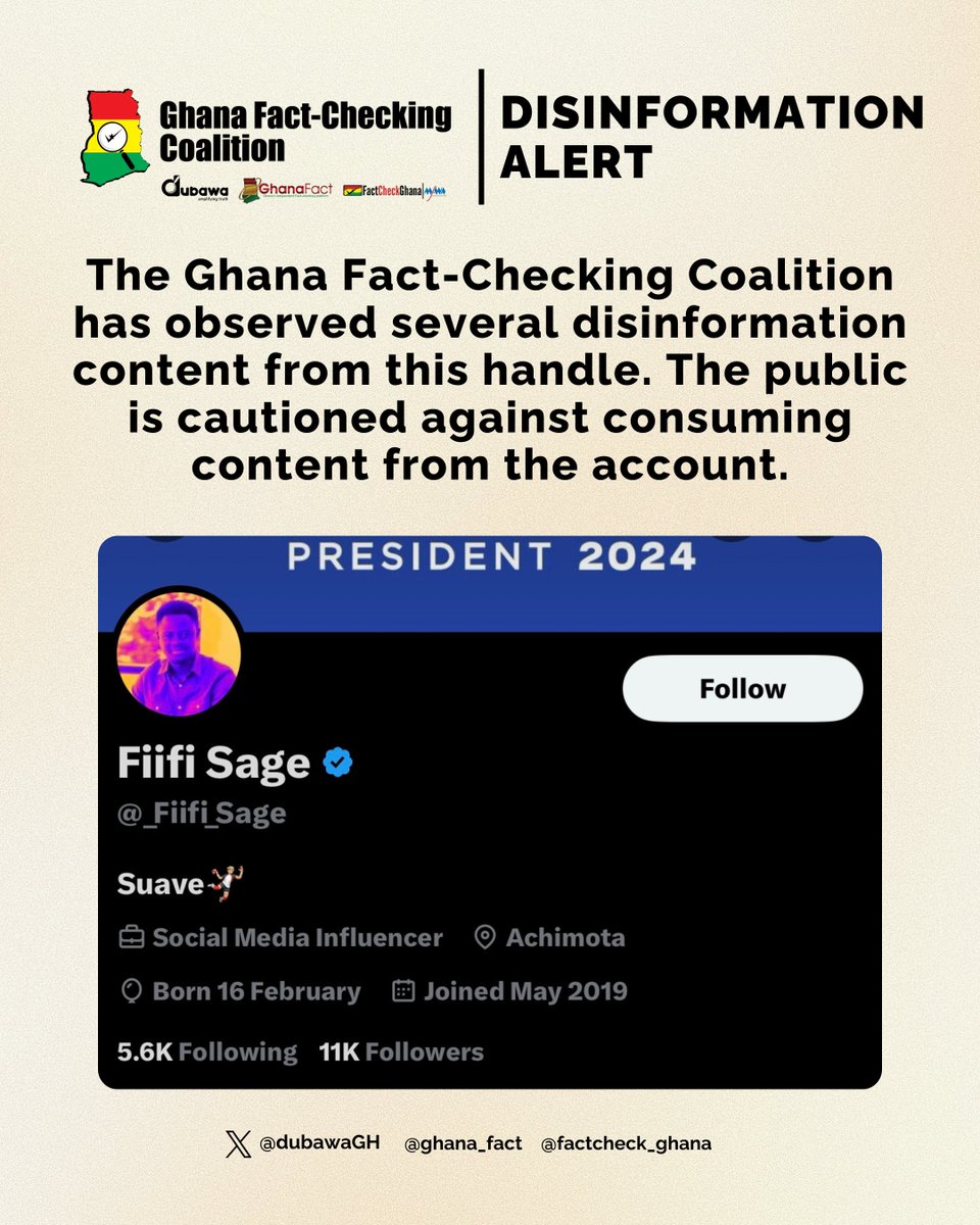 factcheck_ghana's tweet photo. Disinformation Alert!

The public is cautioned against consuming content from this handle #VerifyElection2024 #VerifyGHElection2024 #GHFactCheckingCoalition #StopDisinformationGH https://t.co/VCVCN6A0wh