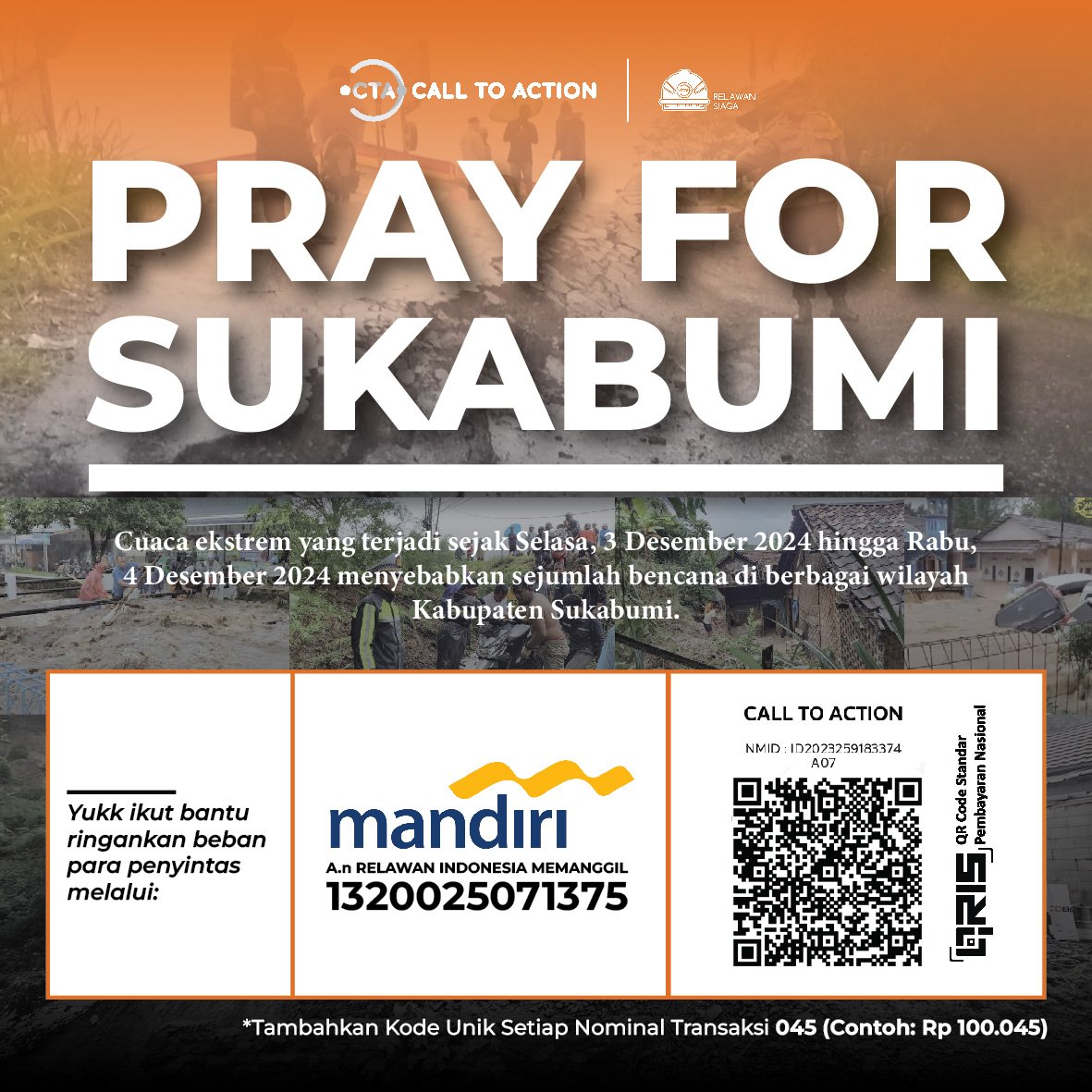 Report selebihnya teman2 bisa membaca beberapa twit dari update kami dan teman2 bisa membantu melalui no.rek atau QR berikut
Rekening Bank Mandiri
1320025071375 a.n Yayasan Relawan Indonesia Memanggil