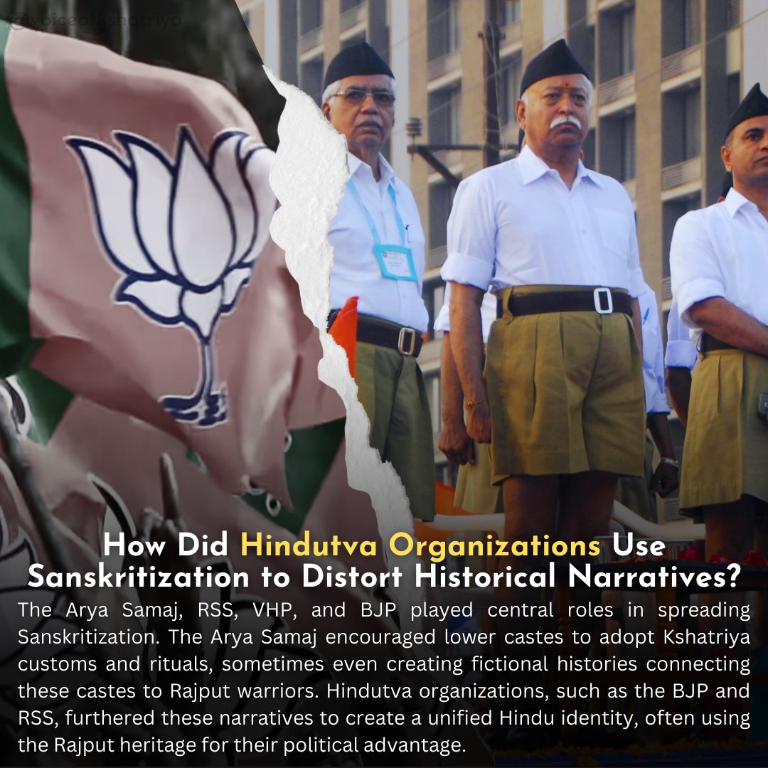 rajanyaofficial's tweet photo. The Arya  Samaj, RSS, VHP, and BJP played central roles in spreading  Sanskritization. The Arya Samaj encouraged lower castes to adopt  Kshatriya customs and rituals, sometimes even creating fictional  histories connecting these castes to Rajput warriors. Hindutva  organizations, such as the BJP and RSS, furthered these narratives to  create a unified Hindu identity, often using the Rajput heritage for  their political advantage.
.
.
.
#kshatriya #rajput #rajanya #sanskritization #rss #bjp #aryasamaj