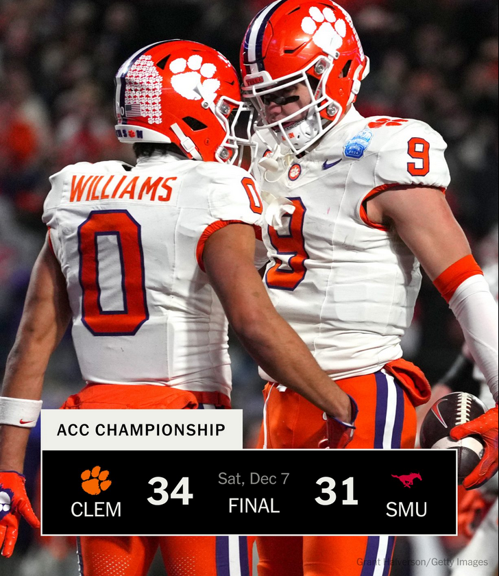 Clemson takes home the ACC championship 34-31 after staving off SMU's fourth quarter rally 📷