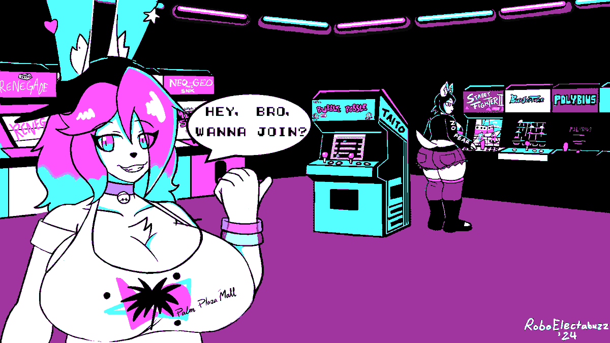 Limited palette sketch of <a href="/theycallhimcake/">(A Spooky Pumpkin) Cake</a> 's PB challenging you to a game of Bubble Bobble.

Drawn with the DOS CGA palette.