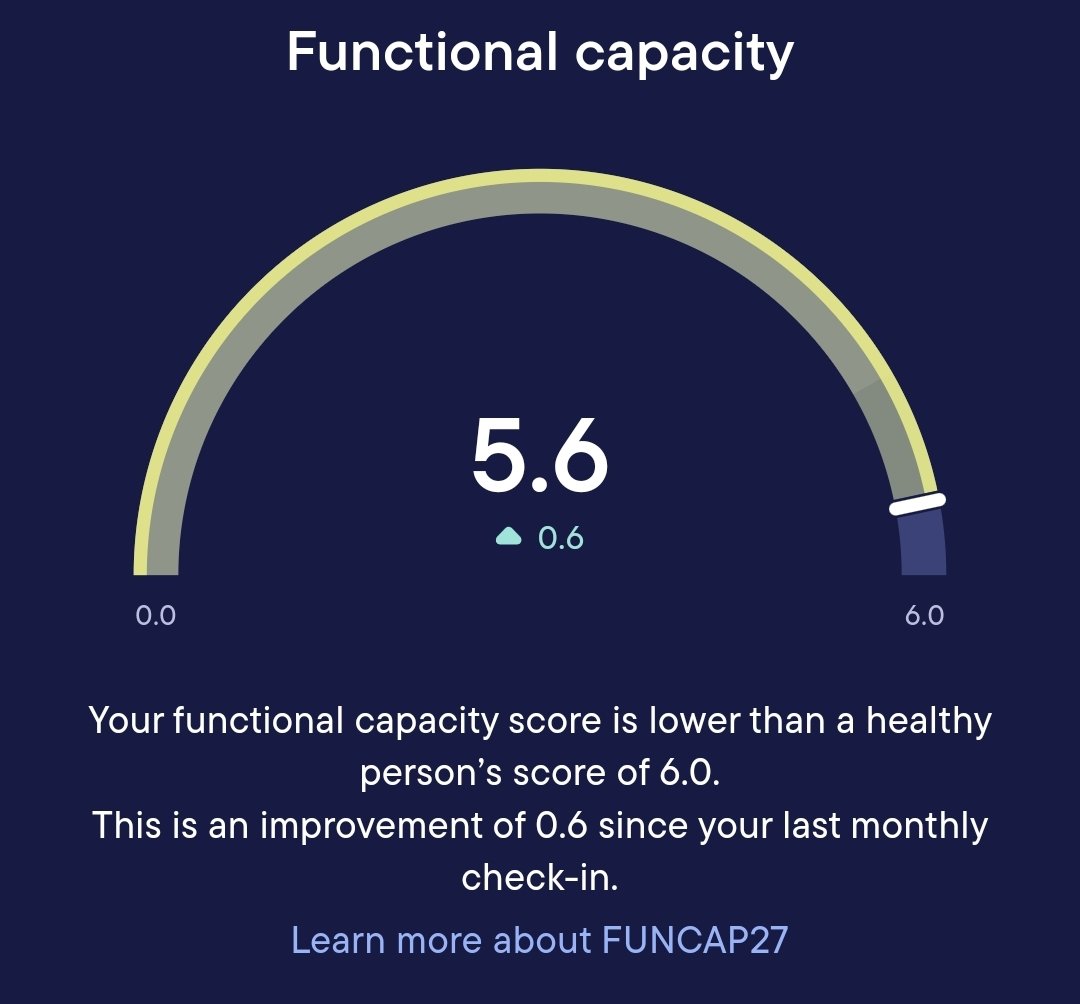 benking01's tweet photo. @KiActiv A WHOLE MONTH of functional improvement has been reflected in this months's @visible_health #FUNCAP27 score.

Whilst lower than a healthy person's score of 6.0, my improved capacity to function more normally is clear 👇

I still spend most of my time sitting or lying down though. https://t.co/47x0S6p1I3
