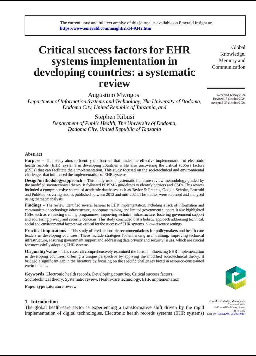augustinoMwogos's tweet image. This study aims to identify the barriers that hinder the effective implementation of electronic health records (EHR) systems in developing countries while also uncovering the critical success factors (CSFs) that can facilitate their implementation.
emerald.com/insight/conten…