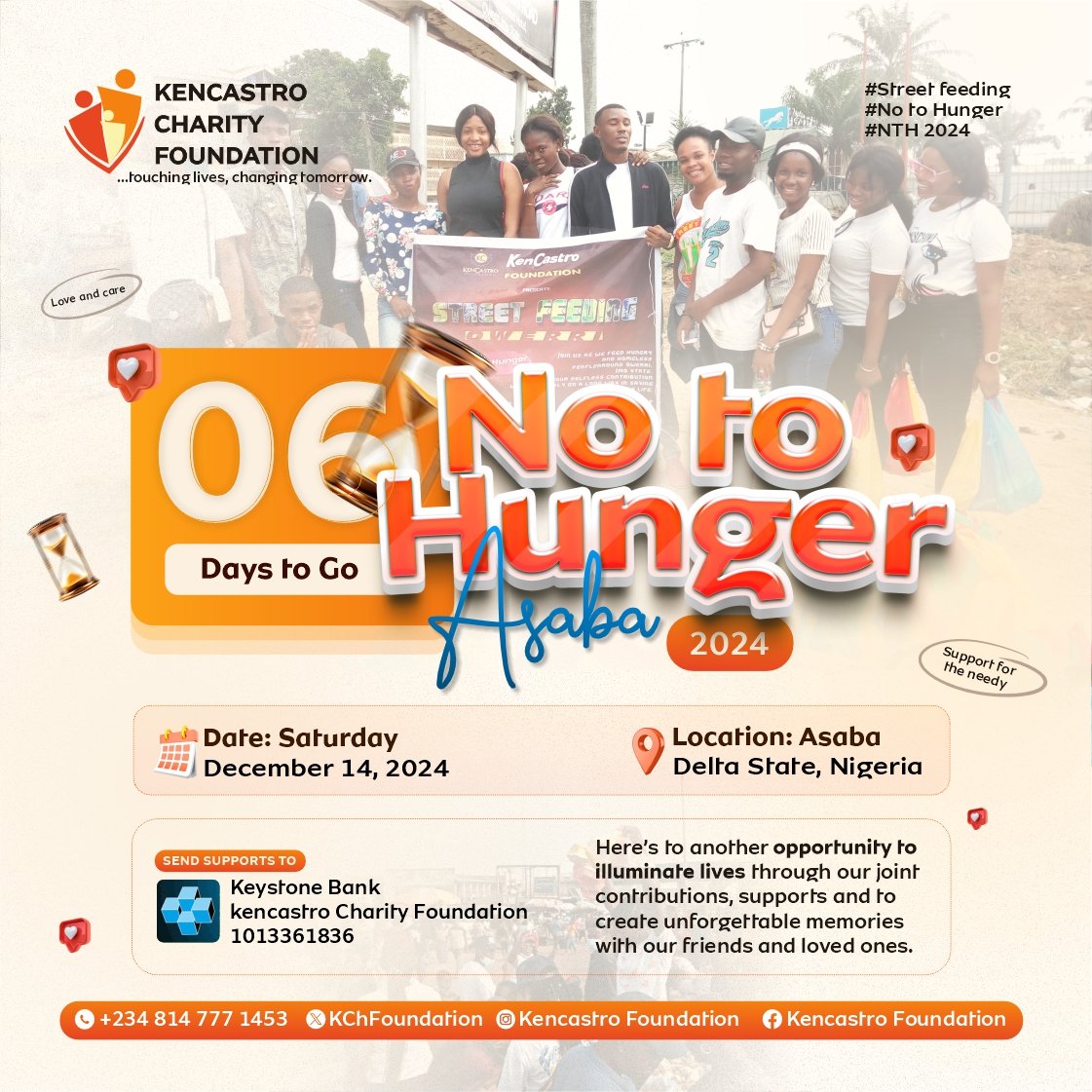 KChFoundation's tweet photo. 6 days to go! 🎉 Asaba, get ready to experience love and hope!
No to Hunger 2024! 💛
Let's unite to feed the less privileged and make a difference together. See you there! 🥖🍲
#KencastroCharityFoundation
#NTHAsaba
#NoToHunger
#SpreadLove https://t.co/AQSJZGh0Gw