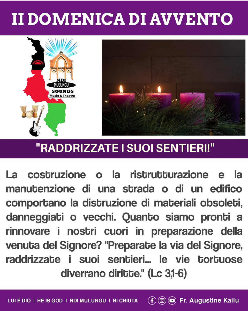 KaliuLewis's tweet photo. "RADDRIZZATE I SUOI SENTIERI!"
Buona II Domenica di Avvento a tutti!
#iidomenicadiavvento #raddrizzateisuoisentieri #preparatelaviadelsignore #NdiMulunguSounds https://t.co/i9Ufn9vqnw
