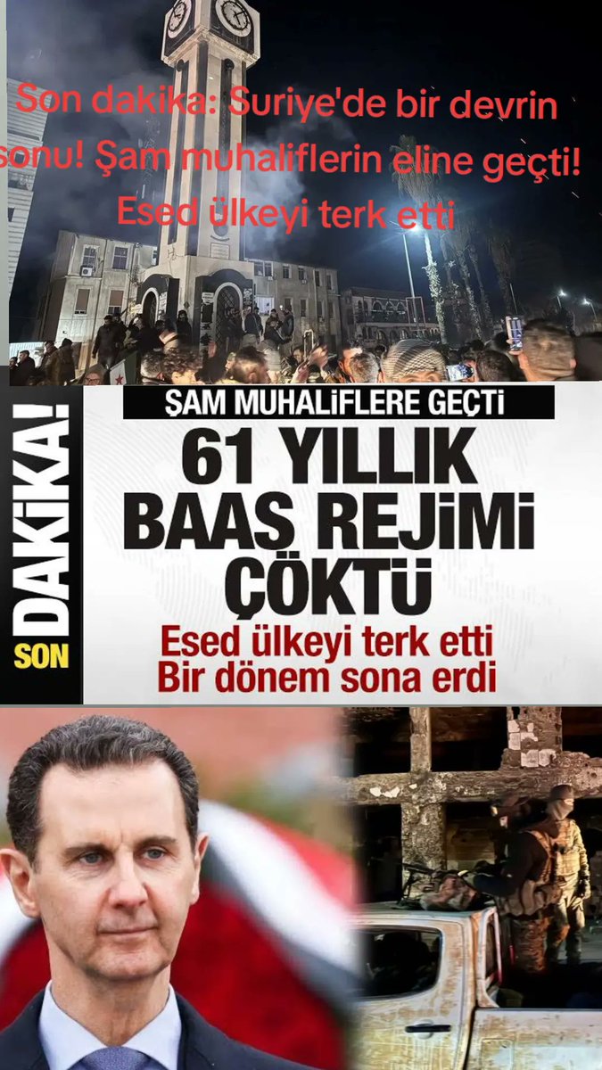 Her şeyin bir sonu vardır. Baki olan Allah'dır. Suriye'de bir devrin sonu! Şam muhaliflerin eline geçti! Esed ülkeyi terk etti.
<a href="/Ahmet_Davutoglu/">Ahmet Davutoğlu</a>
<a href="/aoguzkaraoglu/">A. Oğuz Karaoğlu</a>
<a href="/OmerrUnal/">Ömer ÜNAL</a>