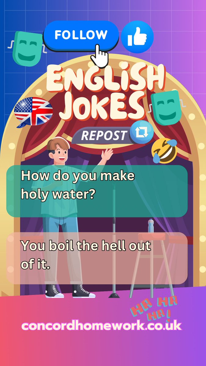 concordhomework's tweet image. Want to make holy water? Easy: just boil the hell out of it! 😂 #EnglishJokes #LearnAndLaugh