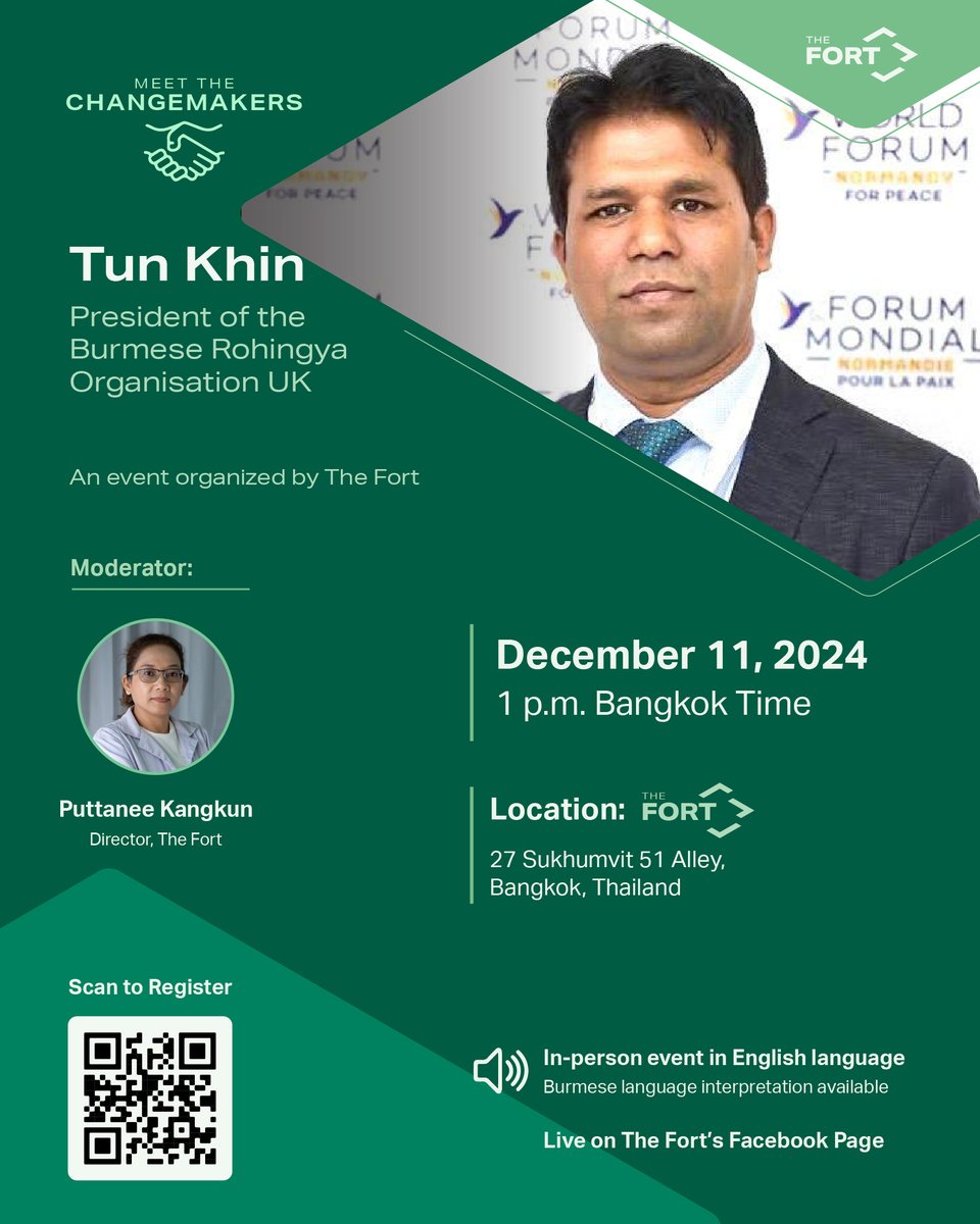 john_hq3's tweet photo. Myanmar🇲🇲 

@tunkhin80, a Rohingya human rights defender and president of @brouklondon will be in Bangkok to speak about his work. Please join us on Dec 11 @TheFortSpace. https://t.co/TwOOja5rU0