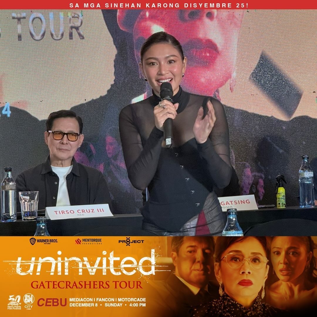 jadinefactor's tweet photo. MR. AGA MUHLACH, MS. NADINE LUSTRE, and Star for All Seasons, MS. VILMA SANTOS, are in the house! 🎉\n\nJoin them for an engaging Q&amp;A with Cebu Media here at Citadines, Cebu City.\n\n#UninvitedGateCrashersTour 
#NadineLustre
@ Mentorque_P https://t.co/GWnMGW8Wkh