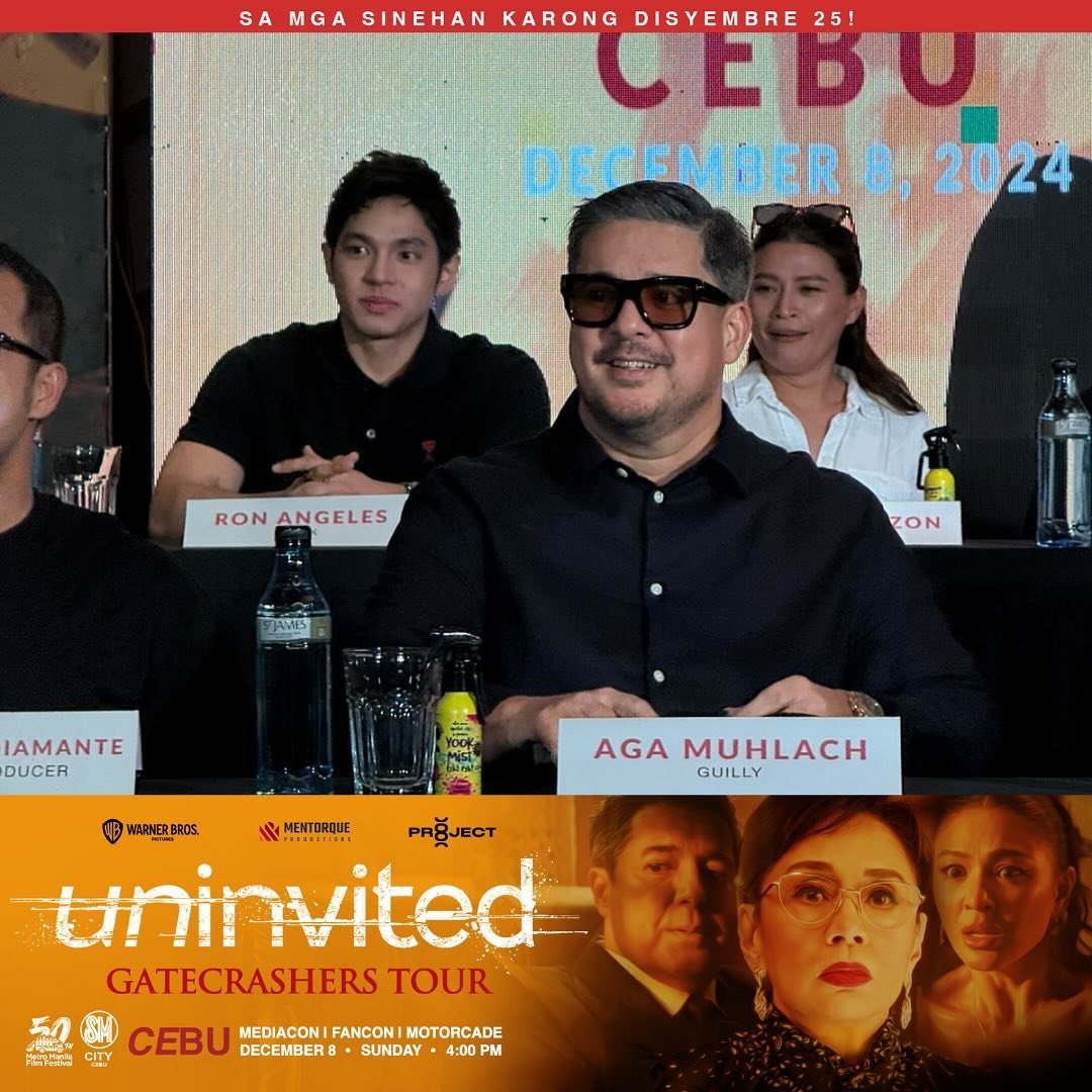 jadinefactor's tweet photo. MR. AGA MUHLACH, MS. NADINE LUSTRE, and Star for All Seasons, MS. VILMA SANTOS, are in the house! 🎉\n\nJoin them for an engaging Q&amp;A with Cebu Media here at Citadines, Cebu City.\n\n#UninvitedGateCrashersTour 
#NadineLustre
@ Mentorque_P https://t.co/GWnMGW8Wkh