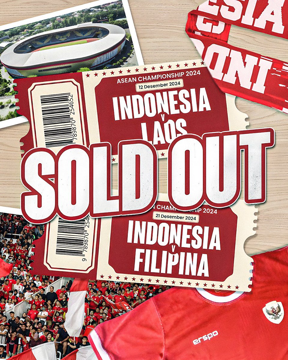 Sold Out! 

Alhamdulillah tiket untuk pertandingan kandang Indonesia melawan Laos dan Filipina di ASEAN Championship 2024 sudah terjual habis.

Terima kasih antusiasme suporter untuk mendukung Timnas Indonesia.

Timnas siap memberikan yang terbaik untuk Indonesia 🇮🇩