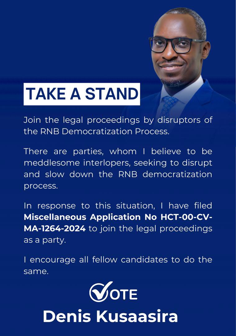 “There are parties, whom I believe to be meddlesome interlopers, seeking to disrupt and slow down the RNB democratization process” <a href="/DenisKusaasira/">Denis Kusaasira</a> on why he decided to join the legal proceedings by disruptors of the RNB democratization process 

#ReformTheBench