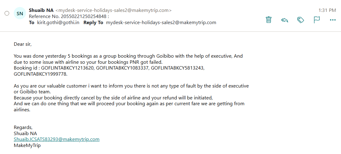kiritgothi's tweet photo. @goibibo @makemytrip Paid for 20 group tickets as advised by your agent (ICSATS83293). Minutes later, 16 tickets were canceled, refund initiated but not received. Remaining tickets are non-refundable. Need resolution. 
@MoCA_GoI @RamMNK  Please help. https://t.co/JbnY3XXegY