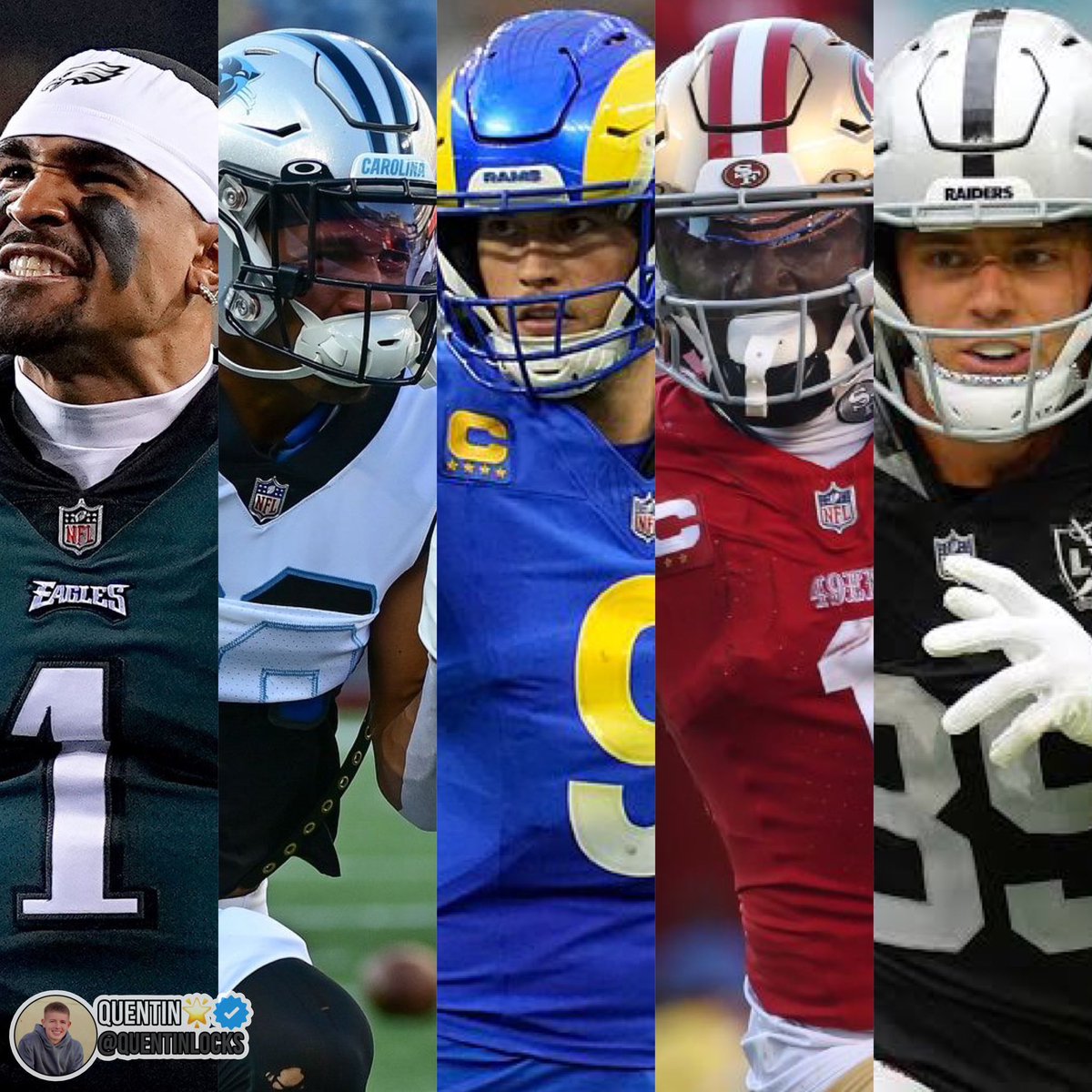 QuentinLocks's tweet photo. NFL Sunday ‘Best Bets’🏈

$50 to someone who likes when we SWEEP!🔥

Jalen Hurts U 26.5 Pass Attempts
1.25 Units (-125 Bet365)

Chuba Hubbard U 14.5 Rush Attempts
1.10 Units (-110 Bet365)

Matthew Stafford O 22.5 Pass Completions
1.20 Units (-120 FanDuel)

Deebo Samuel O 8.5 Rushing Yards
1.20 Units (-120 BetMGM)

Brock Bowers O 21.5 Longest Reception
1 Unit (-114 FanDuel)

Join the DUBCLUB & Discord! Links in bio! ✅

LIKE = TAILING❤️