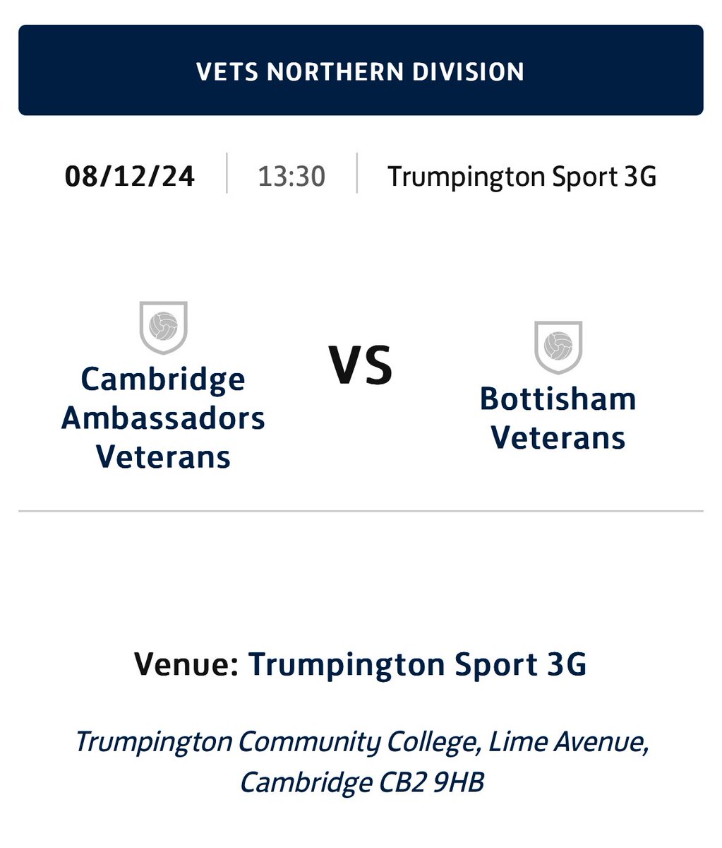 Final match of the year today sees us trying to make it 3 wins from 3 against <a href="/Cambambassadors/">Cambridge Ambassadors</a> Vets at <a href="/TrumpingtonCC/">Trumpington Community College</a>