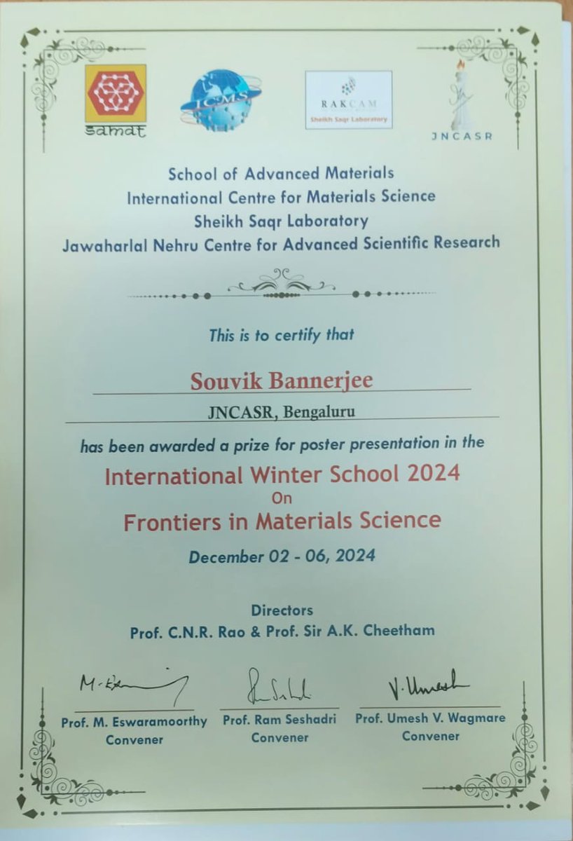 sb_banerjee_'s tweet image. It was an extremely nice experience to present my poster in International Winter School at JNCASR. A prize for poster presentation was an add on to it.