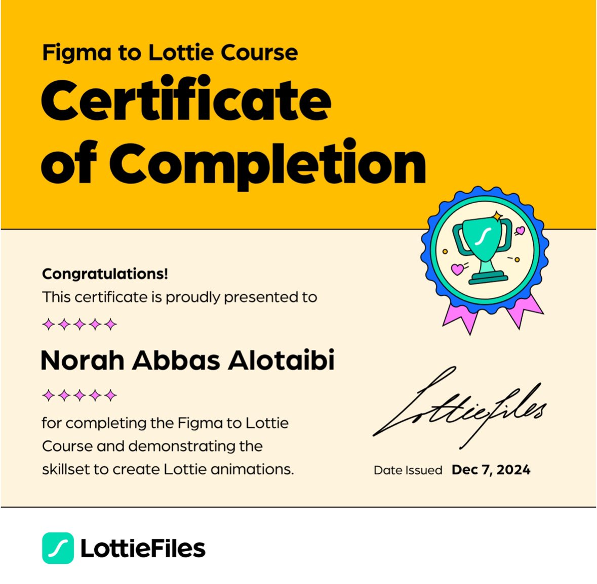 NORAHAAOTB's tweet image. 🎉 Grateful to have completed the interactive Figma to @LottieFiles course! Special thanks to
@alimaasher
and
@yaanteoa
for their wonderful efforts, and the Saudi
@SDC_Saudi
for the
excellent organization. Excited to apply these skills! ✨ #AnimationDesign #LottieFiles