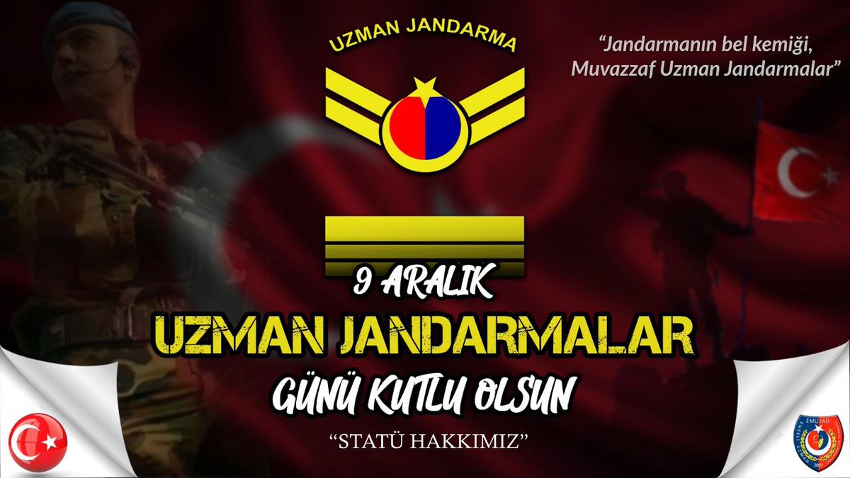 Dünya da eşi ve benzeri olmayan sadece Türkiye Cumhuriyeti'nde  Jandarmaya has bir statü olan Kahraman, Fedakar, Çalışkan Uzman Jandarmaların 
9 Aralık Uzman Jandarmalar günü kutlu olsun. 🇹🇷
<a href="/jandarma/">T.C. Jandarma Gn. K</a>
<a href="/EMUJAD06/">EMEKLİ UZMAN JANDARMALAR DERNEĞİ</a>
#UzmanJandarma  #9AralıkUzmanJandarmalar