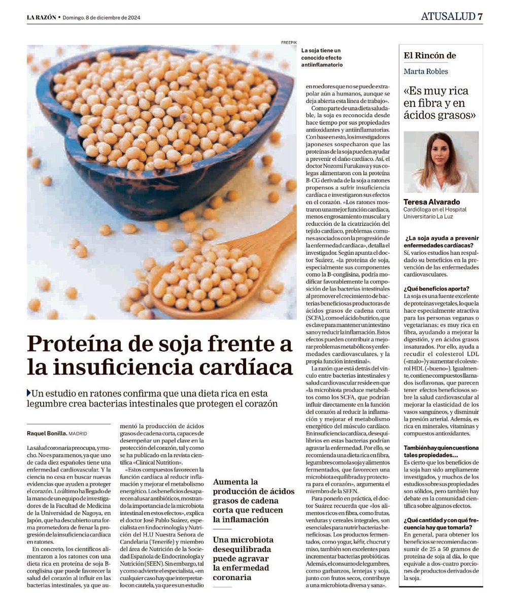 UICARdiologia's tweet photo. Proteína de soja frente a la insuficiencia cardíaca

El rincón de @MartaRoblesG de @larazon_es por la doctora @talvaradocasas 

#BeUICAR https://t.co/R9xY7Pyjx2