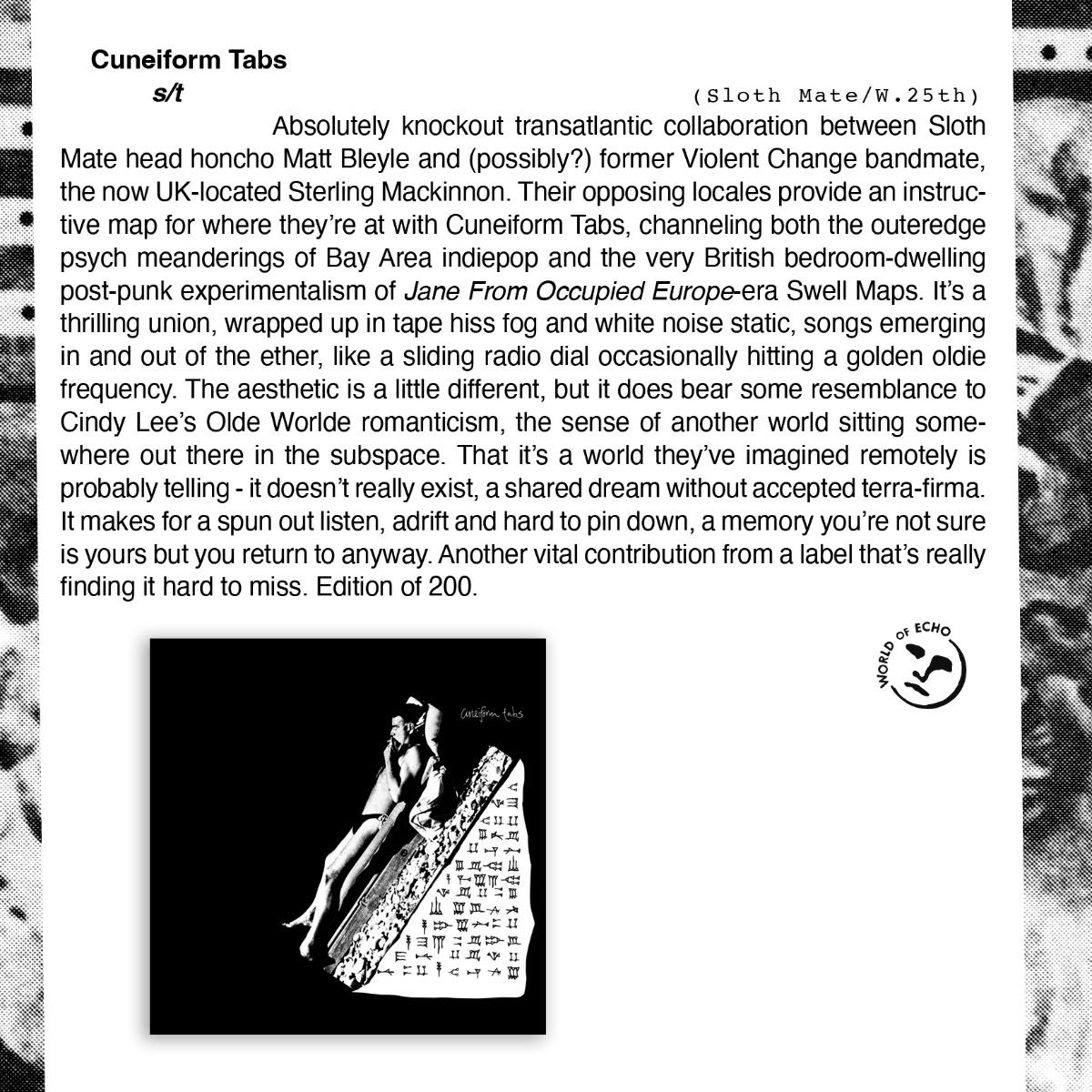 HINDSIGHT 2024 Pt. 4
Cuneiform Tabs - s/t
(Sloth Mate/W.25th)

worldofechomusic.com/products/cunei…