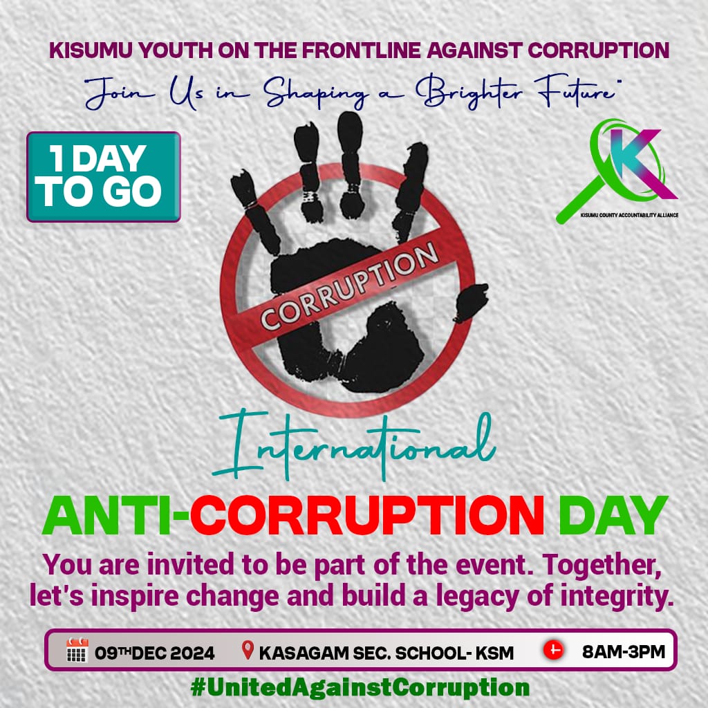 It's only just 1 Day to go as we are #UnitedAgainstCorruption.

As a Nation's custodians, we MUST render our voices to the campaign. Stand up be counted.

See you in Kasagam.

#KisumuYouthAgainstCorruption.