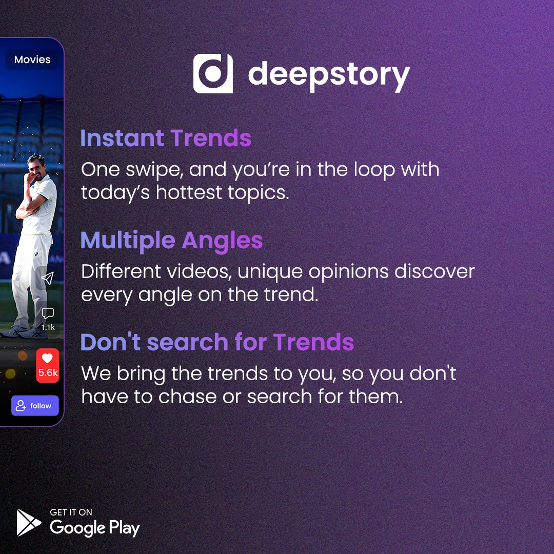 Deepstory_app's tweet photo. Left swipe, for the same vibe, swipe up for new trendy vibes! 

Searching for trends? So boring!

Download the Deepstory! Available on Google Play 
#deepstory #swipeleft #leftswipe #swipetoexplore #swipetorelate #socialmedia #shortvideos #videoedits
#trending #cricket #dontsearch https://t.co/v0wAZKrAYW