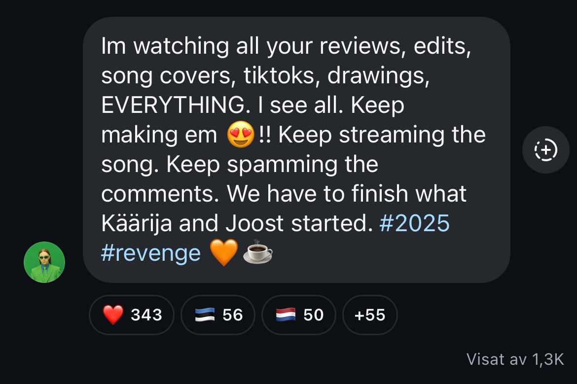 “Finish what Käärijä and Joost started” and #revenge 

What’s he up to?! #Eurovision 🇪🇪