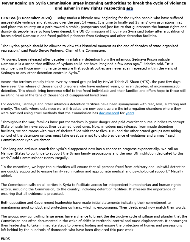 UNCoISyria's tweet photo. Today marks a historic new beginning for the #Syrian people who have suffered unspeakable violence and atrocities over the past 14 years.
@UNCoISyria PRESS RELEASE⬇️ https://t.co/8pIC2DGloK